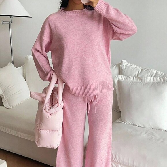 Sweaters - Pink Casual Women's Loose Fit Drop Shoulder Long Sleeve Sweater
